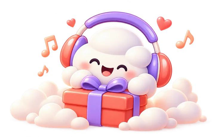 OwnSangeet's cloud mascot holding a musical gift