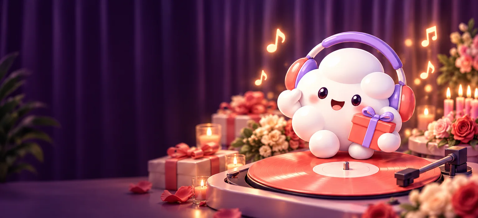 OwnSangeet's cloud mascot with a gift beside a coral record player