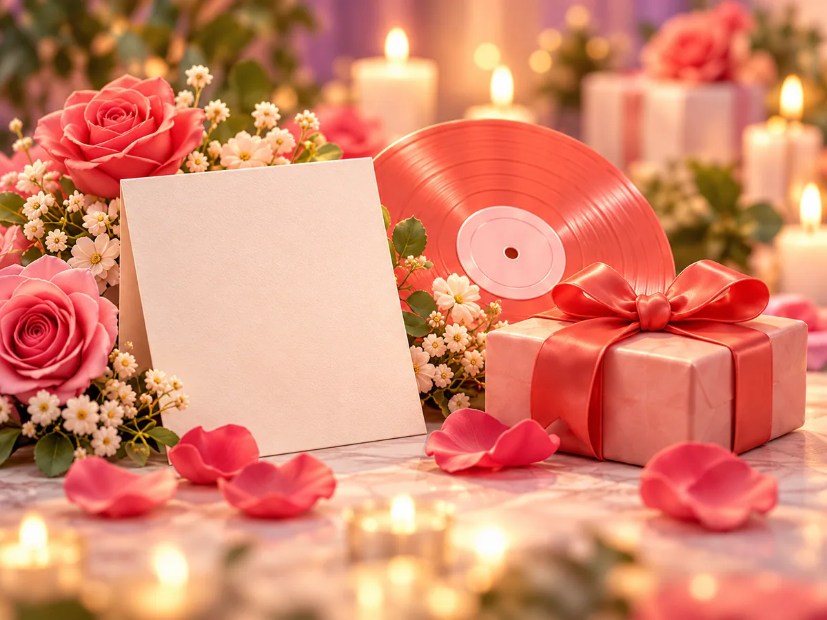 A personal note beside a coral record, roses and a wrapped gift