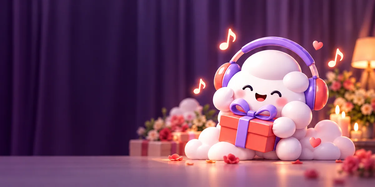 OwnSangeet's cloud mascot holding a gift